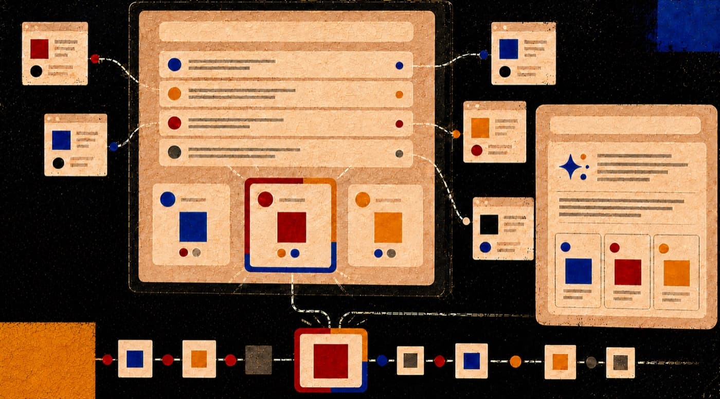 An AI answer panel listing its ranked sources, threads running out to the articles, posts and profiles it drew on, one of them highlighted at the center