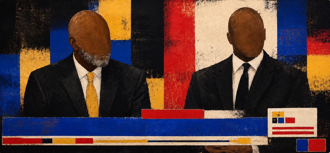 Two anchors at a broadcast news desk with a lower-third graphic running across the screen