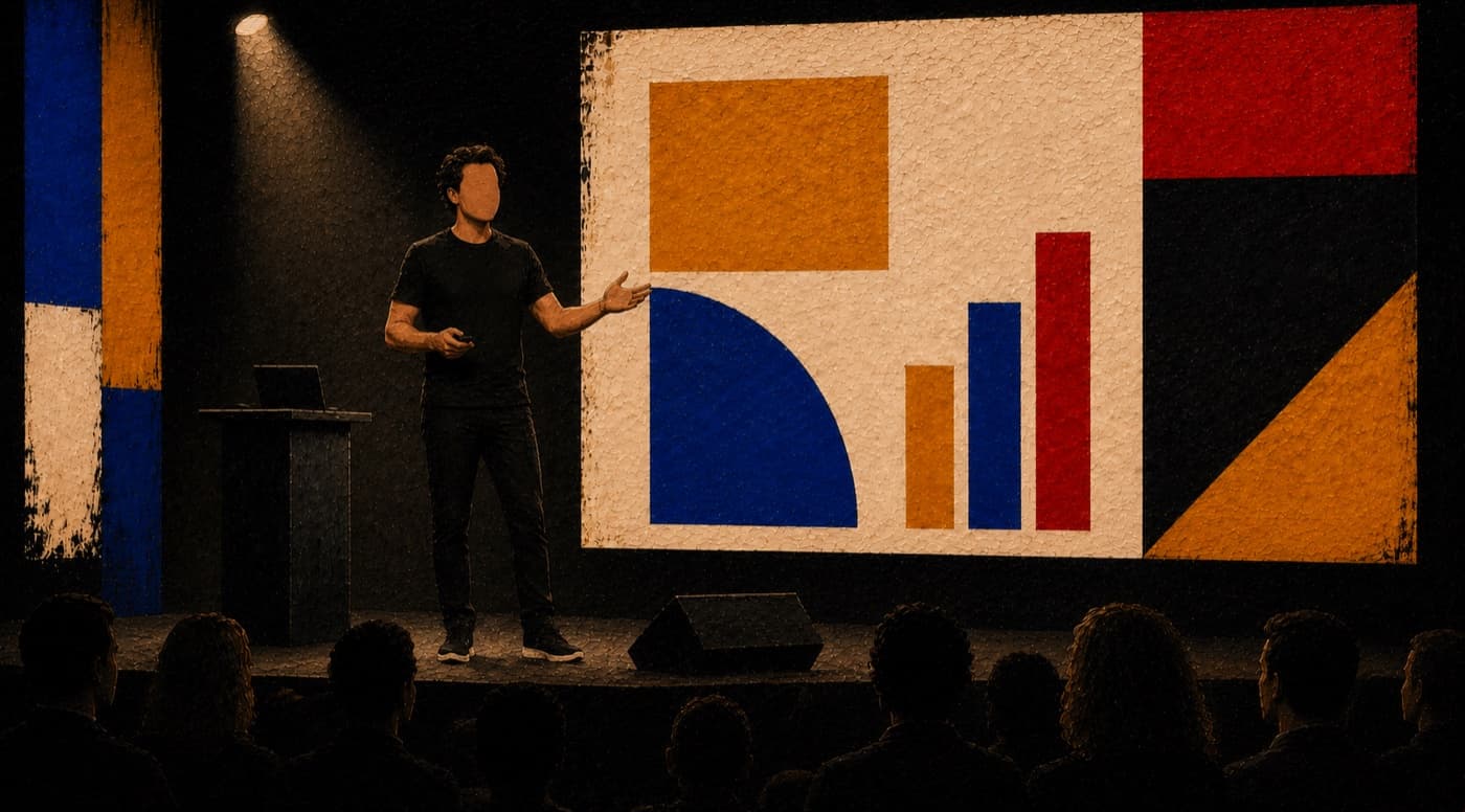 A speaker on a keynote stage in front of a full room, gesturing at a large screen of charts